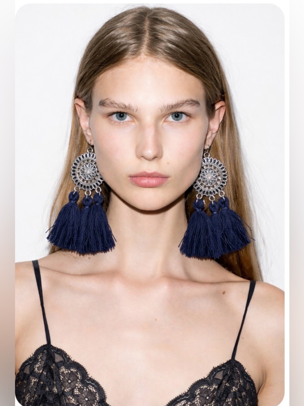 Boho Navy Tassel Drop Earrings with Silver Medallions